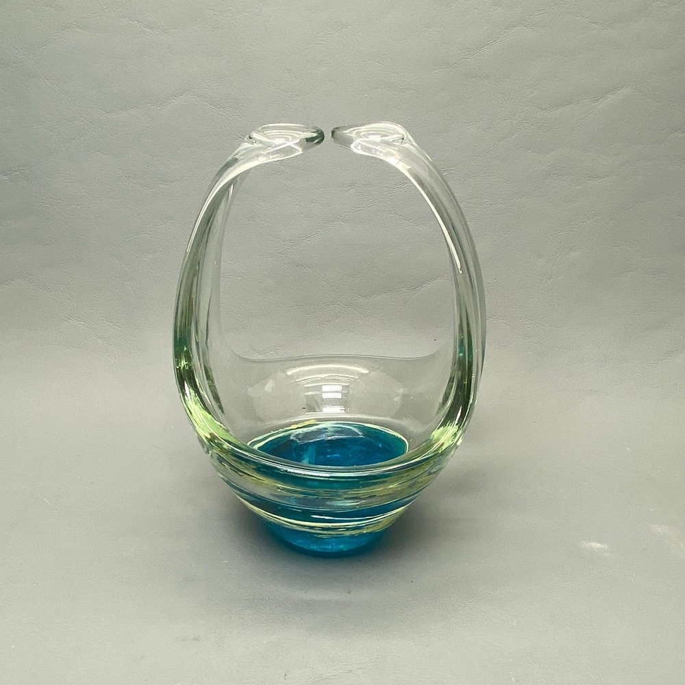 Vtg Hana Hand Blown Art Glass Basket Blue Yellow Swirl Signed Murano Style 6"